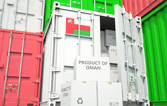 A shipping container with the Omani flag and labeled "Product of Oman," symbolizing the country's export potential.