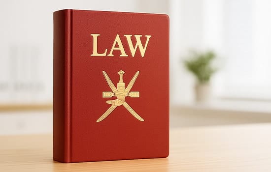 كتاب قانون يحمل شعار سلطنة عُمان، يرمز إلى الإطار القانوني لضريبة القيمة المضافة