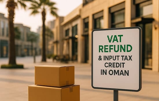 لافتة في شارع مكتوب عليها "استرداد ضريبة القيمة المضافة والضريبة المدخلة في سلطنة عُمان" مع صناديق ترمز للاسترداد الضريبي