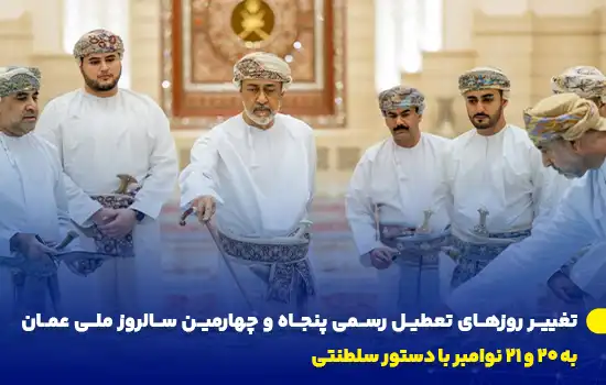 تغییر روزهای تعطیل رسمی پنجاه و چهارمین سالروز ملی عمان به ۲۰ و ۲۱ نوامبر با دستور سلطنتی 3 تصویری از پادشاه عمان که در حال بررسی نقشهای است و گروهی از افراد در کنارش حضور دارند.