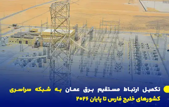 تکمیل ارتباط مستقیم برق عمان به شبکه سراسری کشورهای خلیج فارس تا پایان 2026 9 یک ایستگاه برق عمان در بیابان، بخشی از پروژه اتصال برق این کشور به شبکه سراسری کشورهای خلیج فارس تا سال ۲۰۲۶.