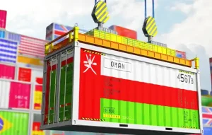 A shipping container decorated with the Omani flag being loaded at an international port, symbolizing Oman’s growing trade and investment opportunities.