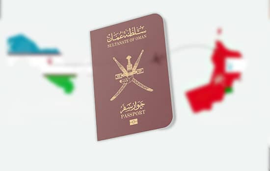 آغاز معافیت ویزای ازبکستان برای شهروندان عمان از ۱ ژوئن ۲۰۲۵ 6 Omani passport with a blurred background map showing Oman and Uzbekistan