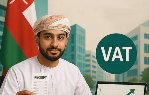 Omani man in traditional attire holding a tax receipt, with VAT sign and national flag in the background